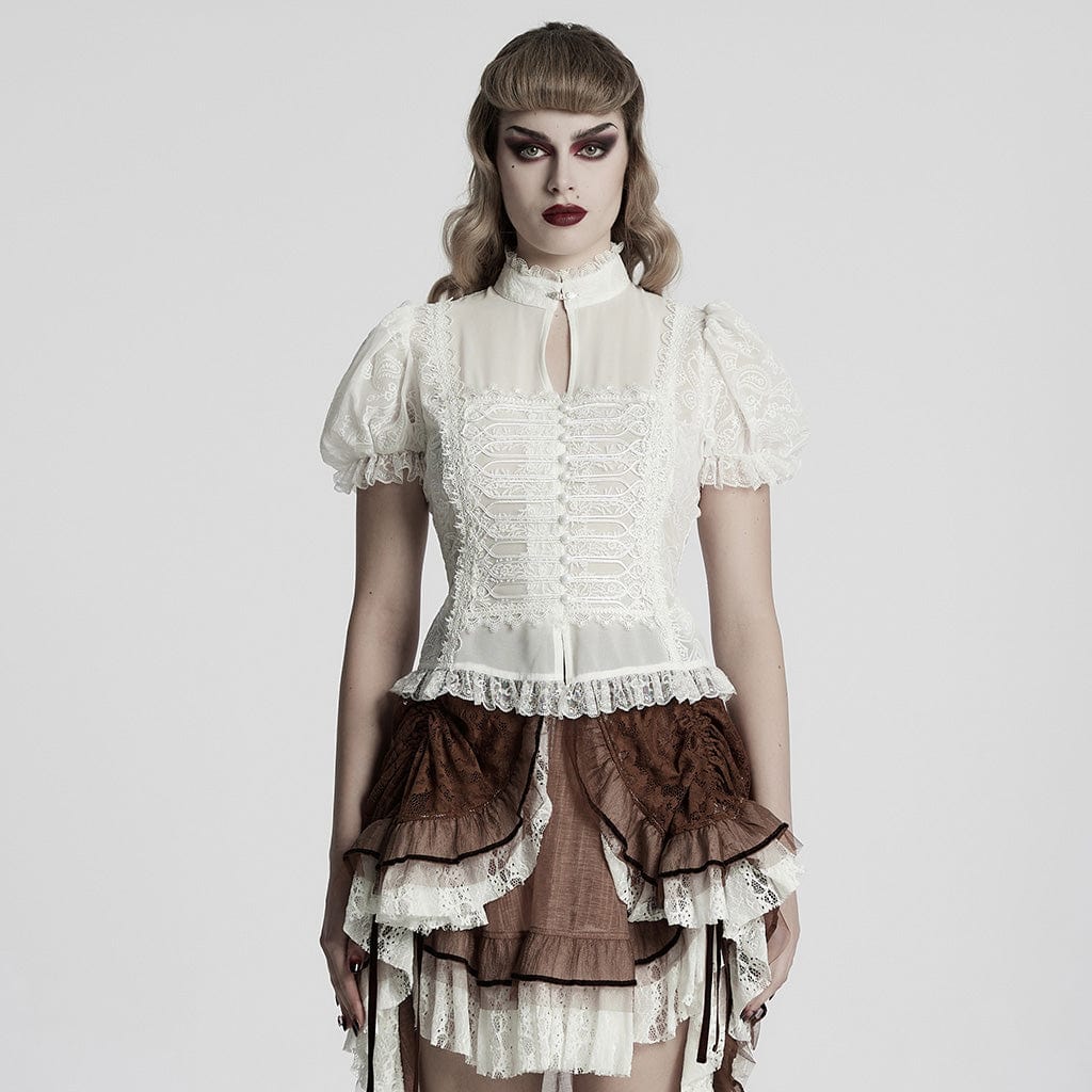 PUNK RAVE Women's Gothic Puff Sleeved Lace Hem Shirt