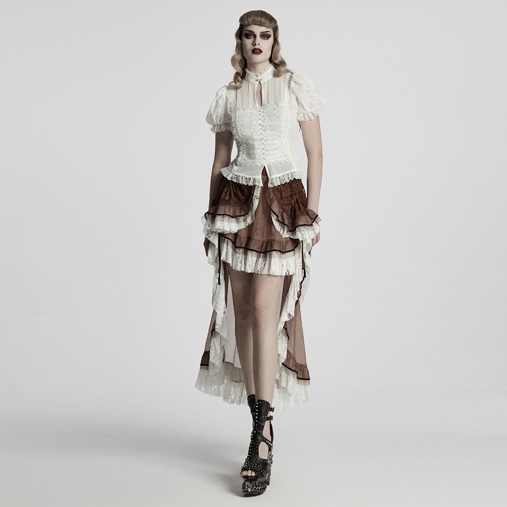 PUNK RAVE Women's Gothic Puff Sleeved Lace Hem Shirt