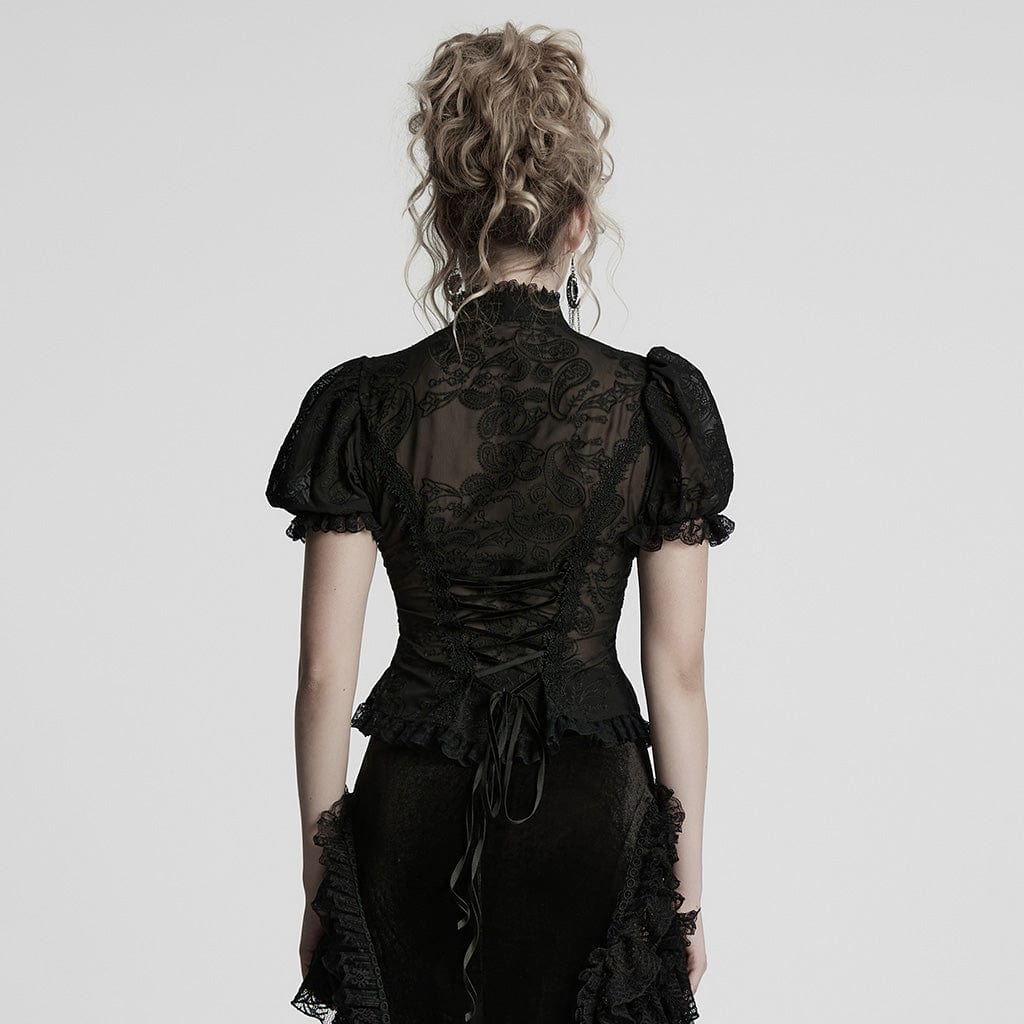 PUNK RAVE Women's Gothic Puff Sleeved Lace Splice Chiffon Shirt