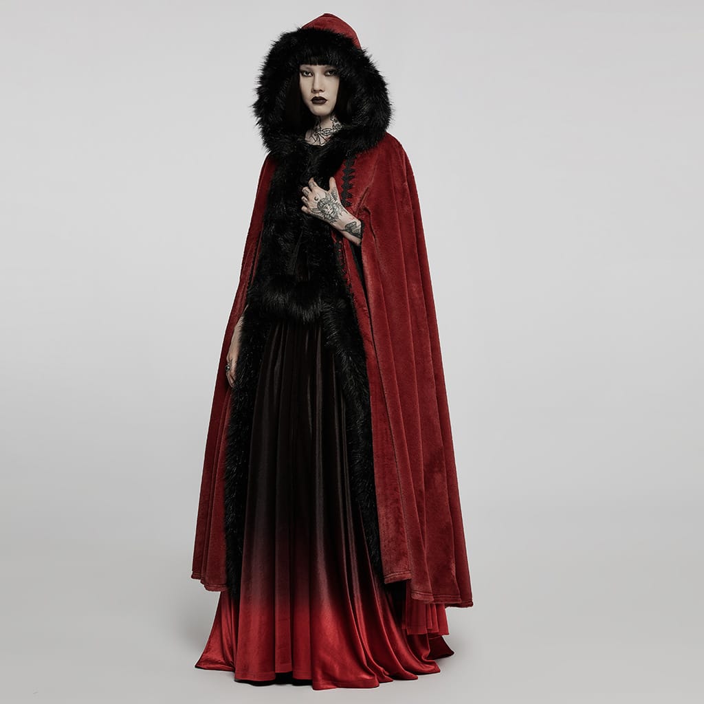 PUNK RAVE Women's Gothic Punk Faux Fur Long Cloak