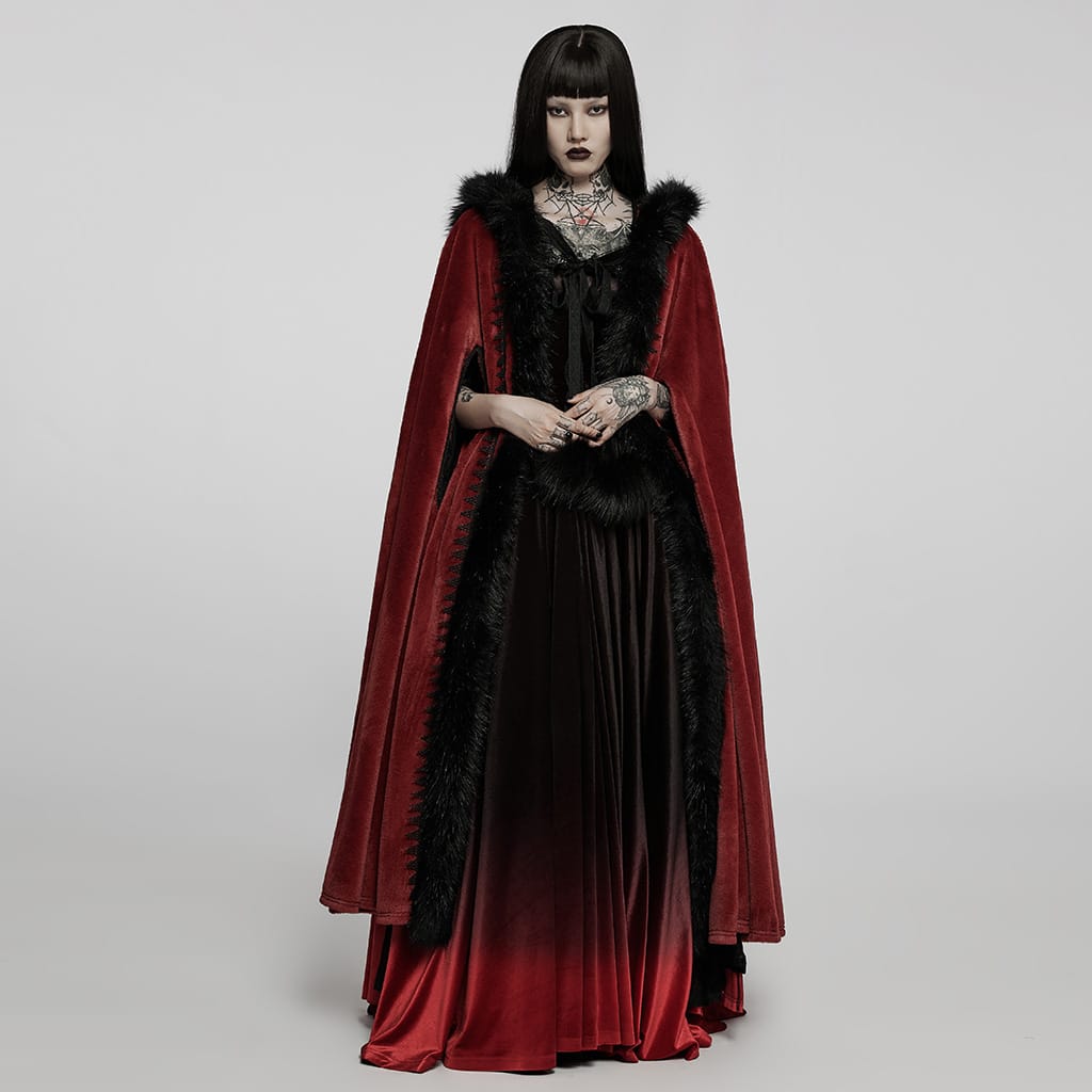 PUNK RAVE Women's Gothic Punk Faux Fur Long Cloak