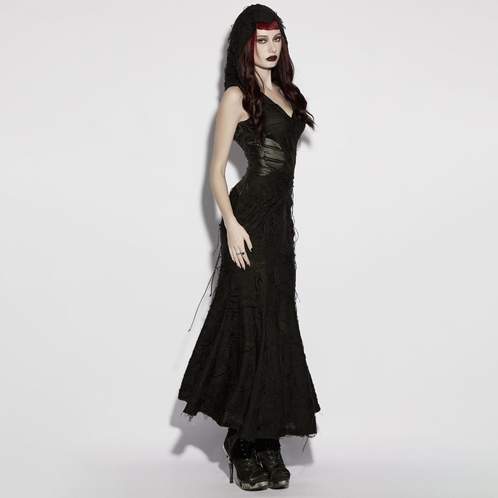 PUNK RAVE Women's Gothic Ripped Hooded Sleeveless Maxi Dress