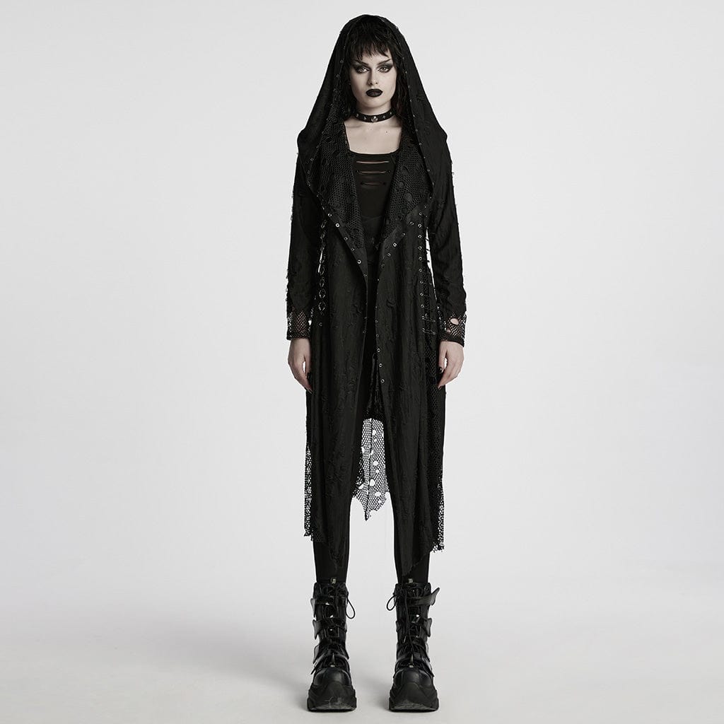PUNK RAVE Women's Gothic Ripped Mesh Splice Coat with Hood