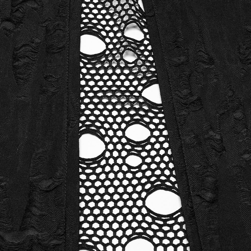 PUNK RAVE Women's Gothic Ripped Mesh Splice Coat with Hood