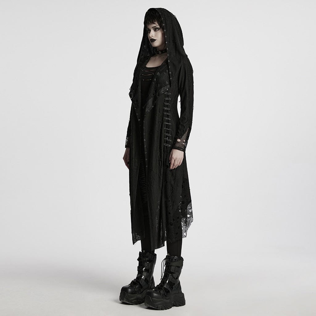 PUNK RAVE Women's Gothic Ripped Mesh Splice Coat with Hood