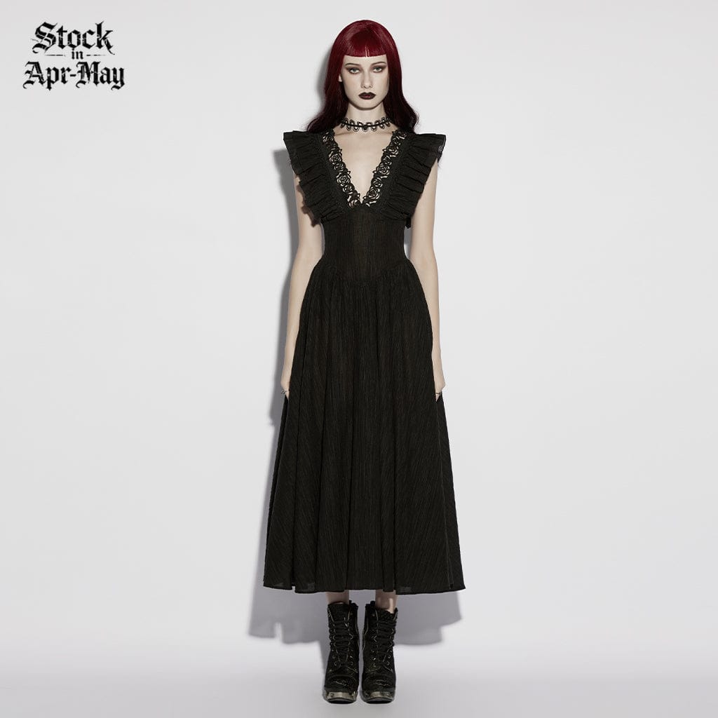 PUNK RAVE Women's Gothic Rose Cutout Plunging Ruffled Sleeveless Maxi Dress