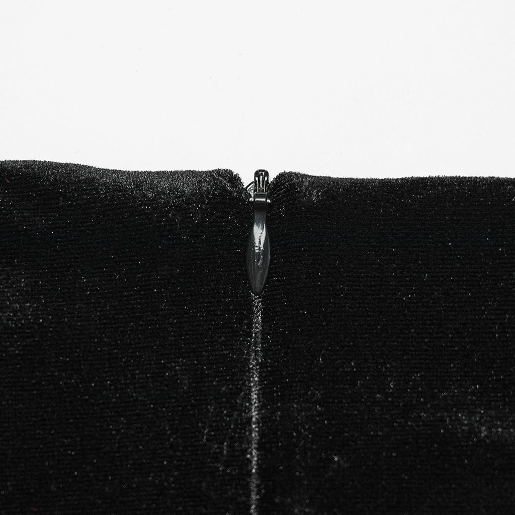 PUNK RAVE Women's Gothic Rose Embroidered Lace-up Fishtailed Velvet Skirt Black-Red