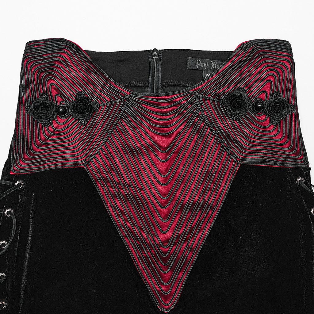 PUNK RAVE Women's Gothic Rose Embroidered Lace-up Fishtailed Velvet Skirt Black-Red