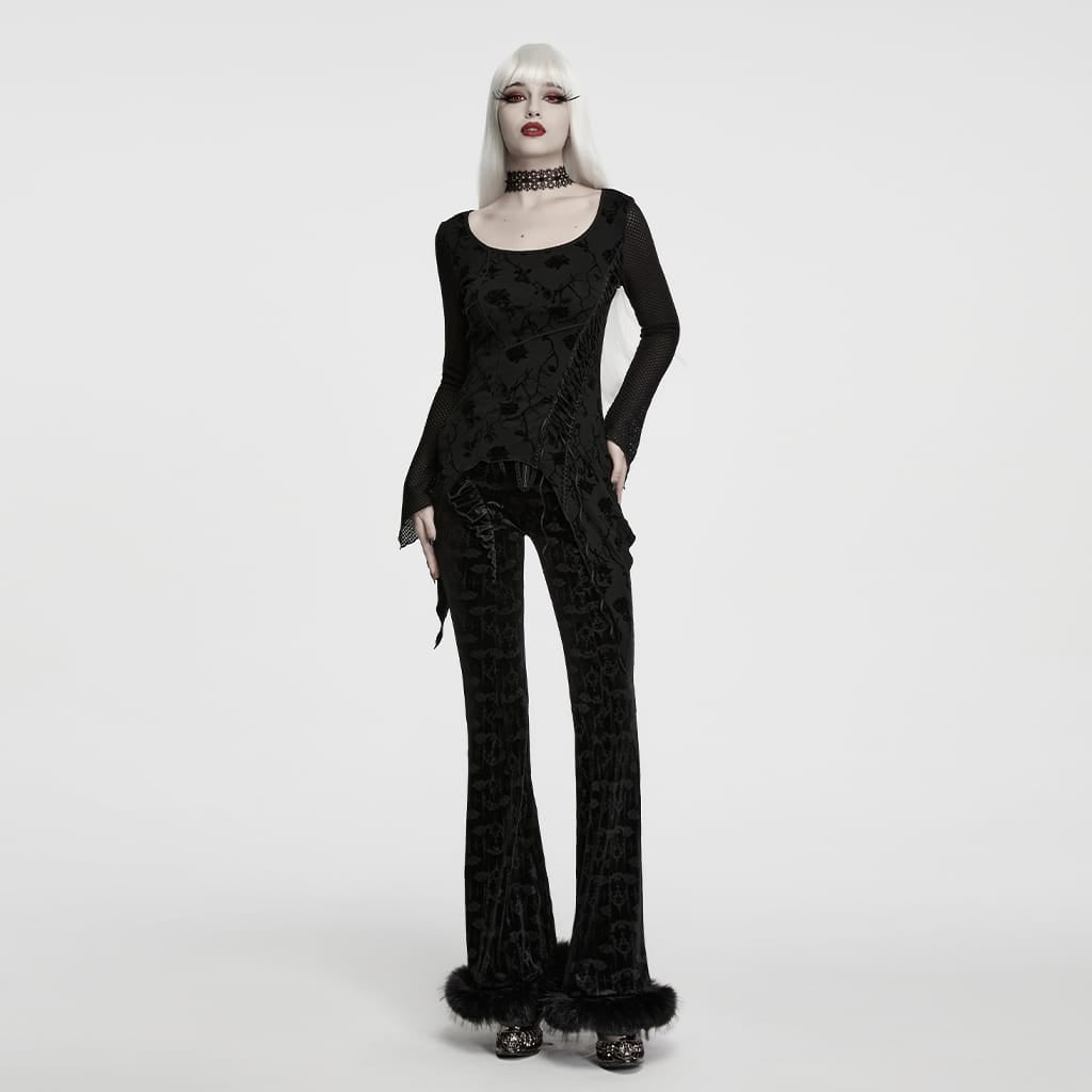 PUNK RAVE Women's Gothic Rose Flocked Lace-up Irregular Hem Long Sleeve Top