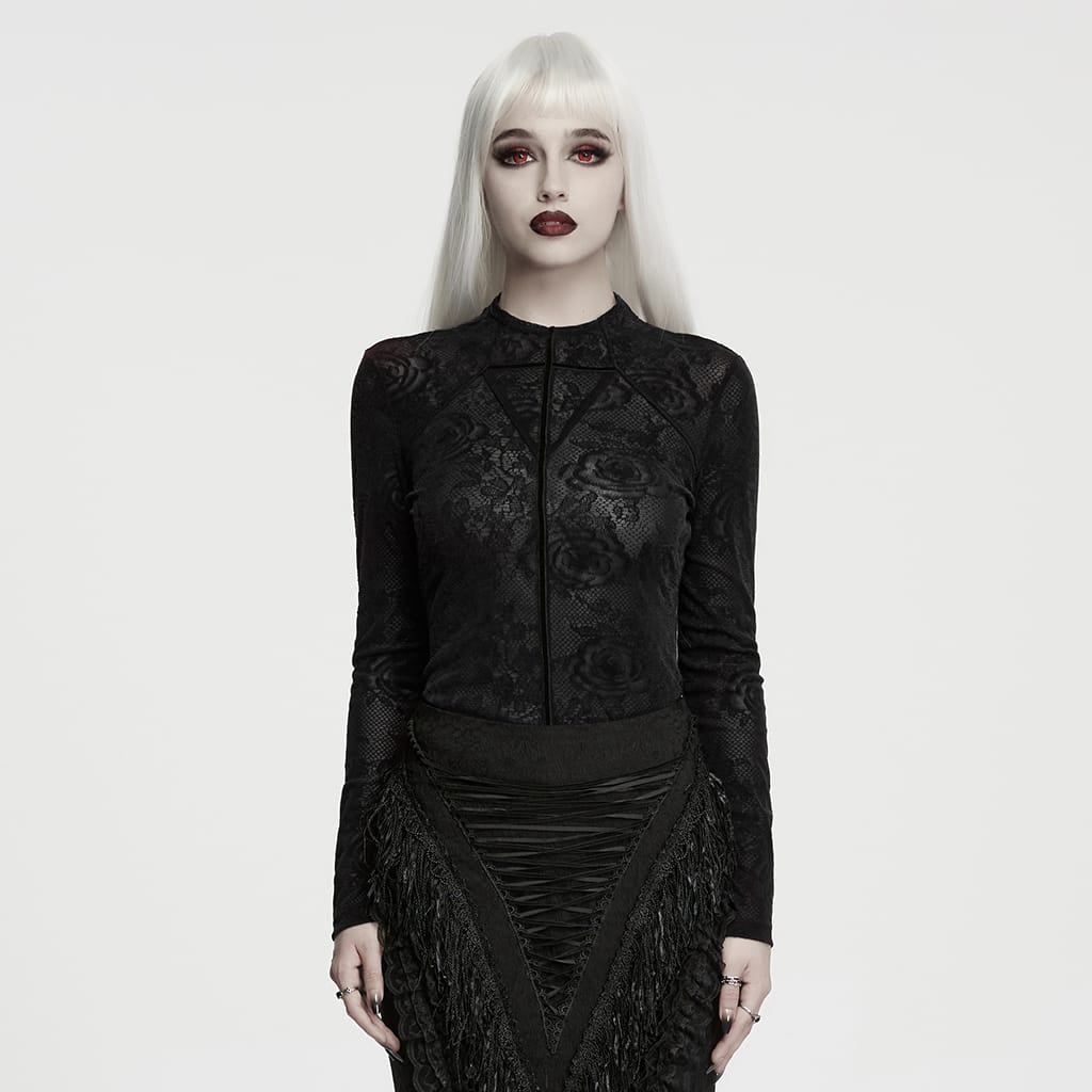 PUNK RAVE Women's Gothic Rose Jacquard Long Sleeve Top Black