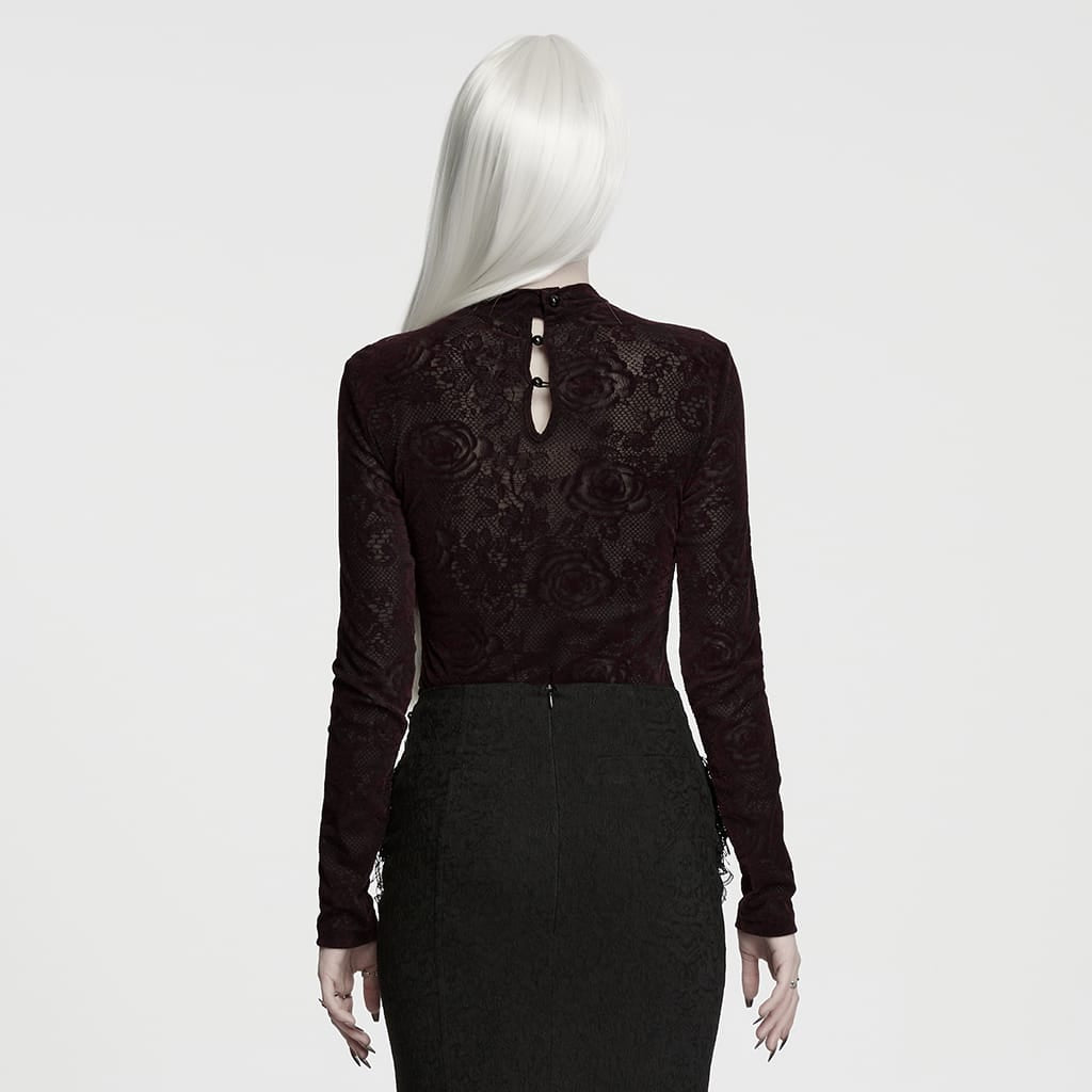 PUNK RAVE Women's Gothic Rose Jacquard Long Sleeve Top Red