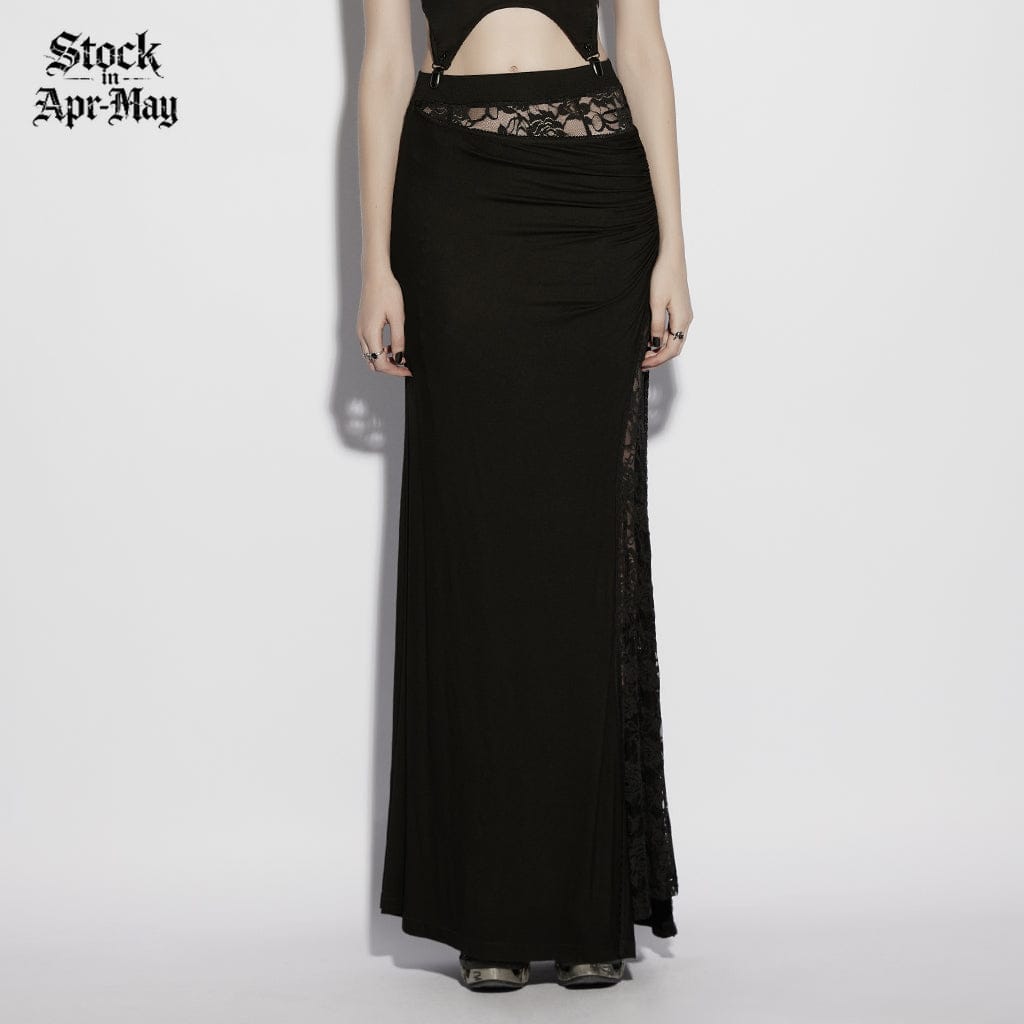 PUNK RAVE Women's Gothic Rose Lace Splice Side Slit Skirt
