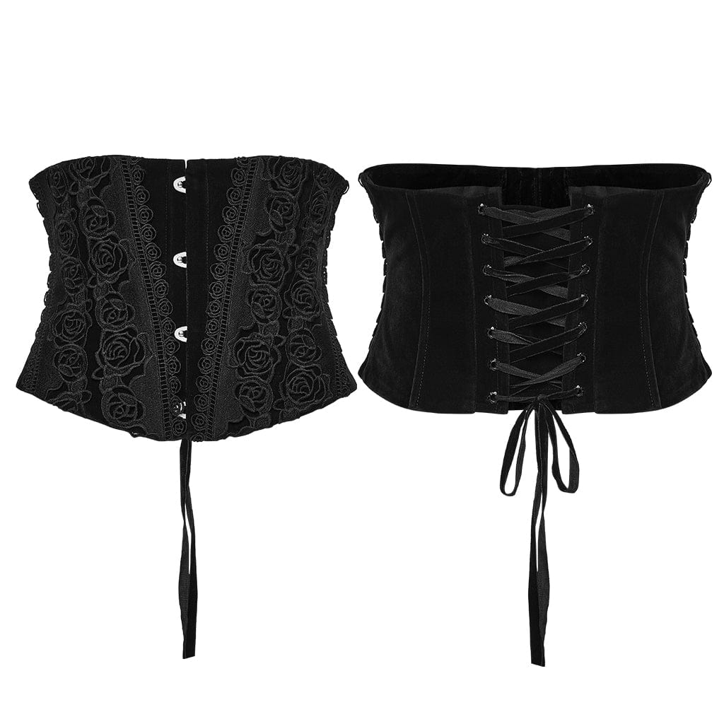 PUNK RAVE Women's Gothic Rose Pattern Lace-up Underbust Corset Black
