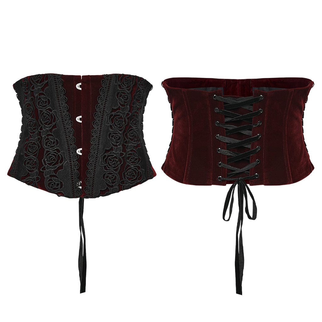 PUNK RAVE Women's Gothic Rose Pattern Lace-up Underbust Corset Red
