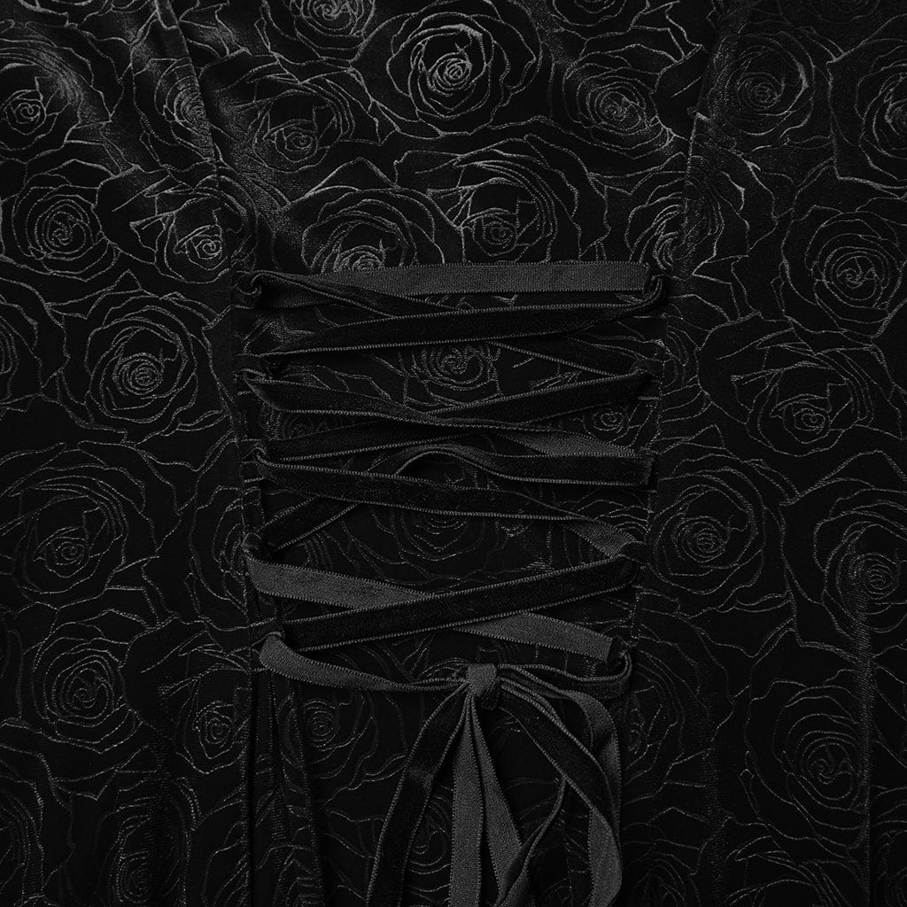 PUNK RAVE Women's Gothic Rose Printed Cutout Bell Sleeved Gown Dress Wedding Dress Black