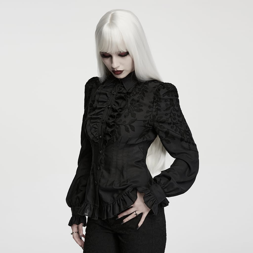 PUNK RAVE Women's Gothic Ruffle Embroidered Bishop Sleeve Shirt
