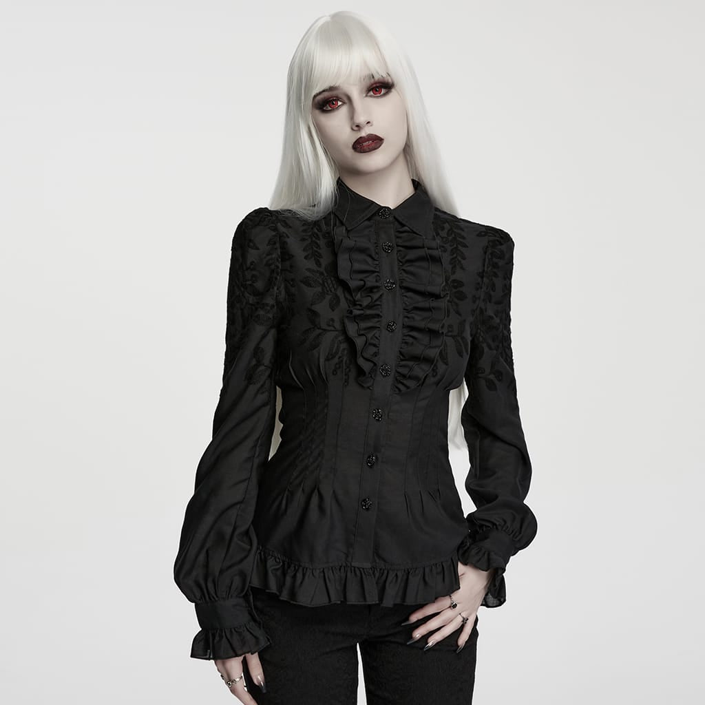 PUNK RAVE Women's Gothic Ruffle Embroidered Bishop Sleeve Shirt