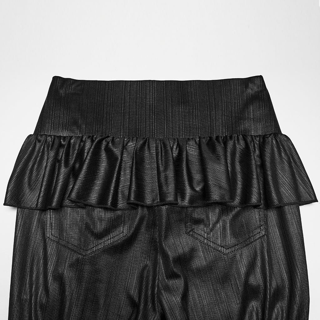 PUNK RAVE Women's Gothic Ruffled Cobweb Pattern Flared Pants