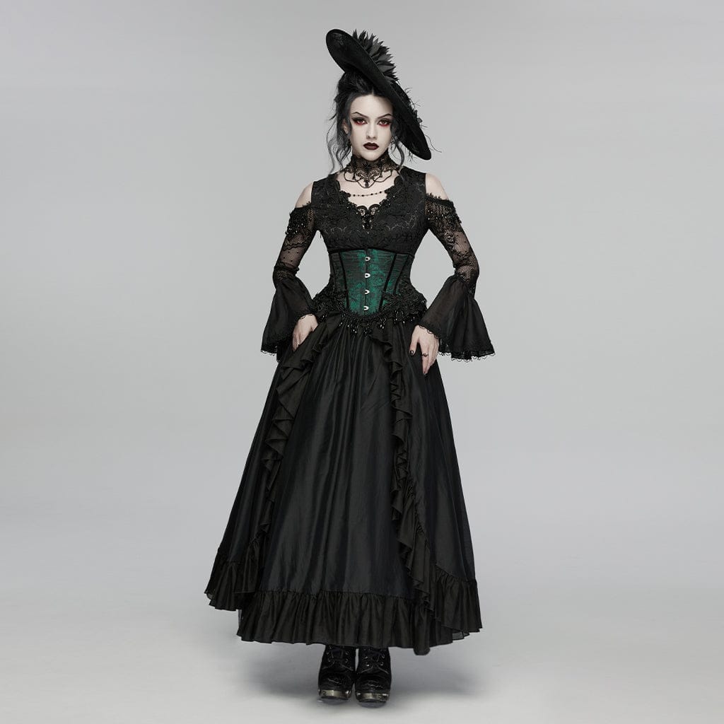 PUNK RAVE Women's Gothic Ruffled Decal Beaded Maxi Dress