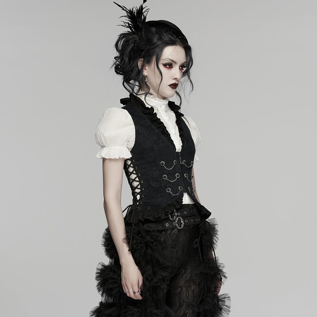 PUNK RAVE Women's Gothic Ruffled Drawstring Vest
