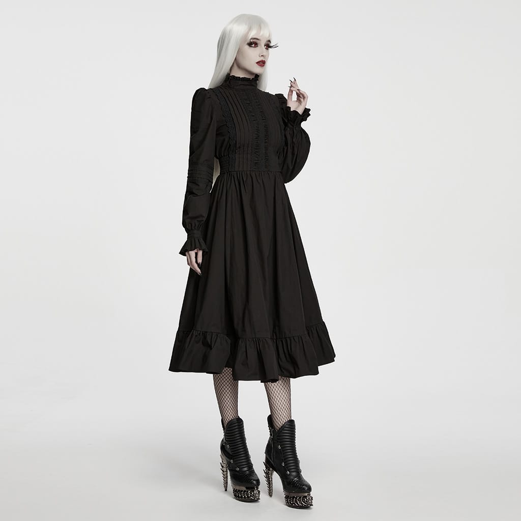PUNK RAVE Women's Gothic Ruffled High Neck Bishop Sleeve Maxi Dress