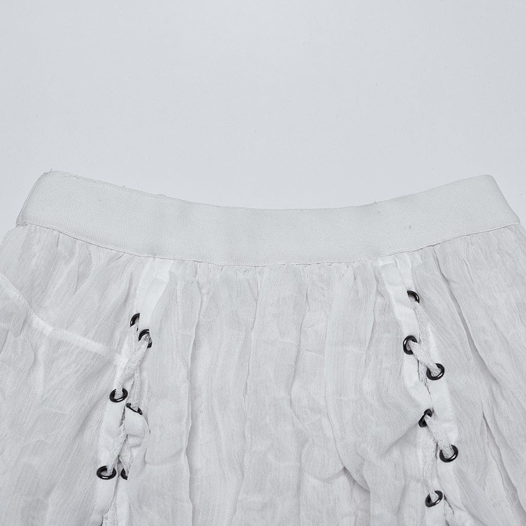 PUNK RAVE Women's Gothic Ruffled Lace Splice Chiffon Lace-up High/low Skirt