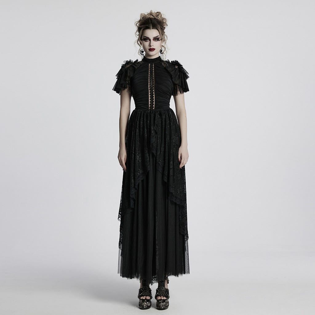 PUNK RAVE Women's Gothic Ruffled Lace Splice Layered Ball Gown Dress