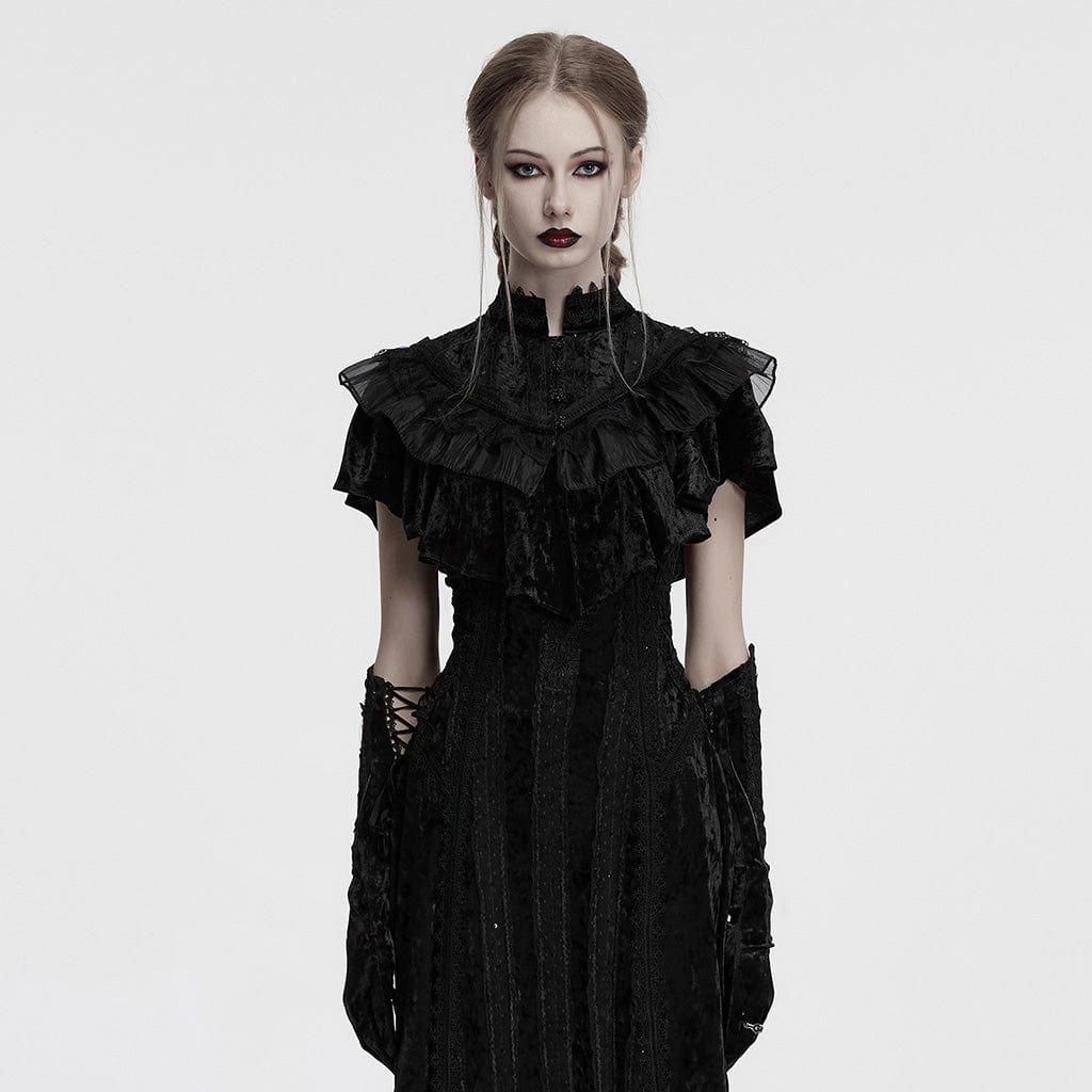 PUNK RAVE Women's Gothic Ruffled Lace Splice Velvet Cape Black