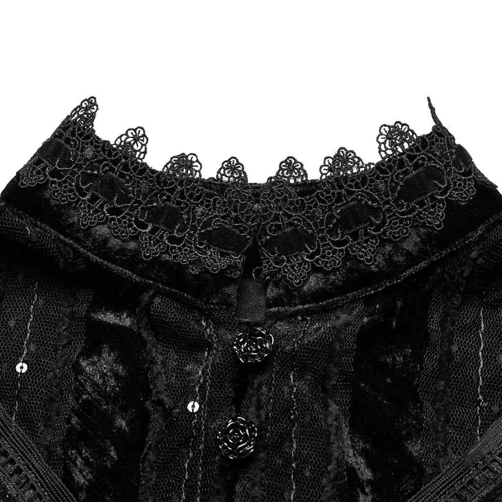 PUNK RAVE Women's Gothic Ruffled Lace Splice Velvet Cape Black