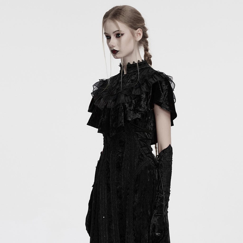 PUNK RAVE Women's Gothic Ruffled Lace Splice Velvet Cape Black