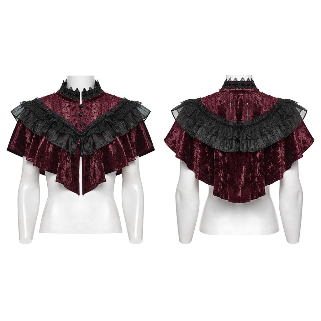 PUNK RAVE Women's Gothic Ruffled Lace Splice Velvet Cape Red