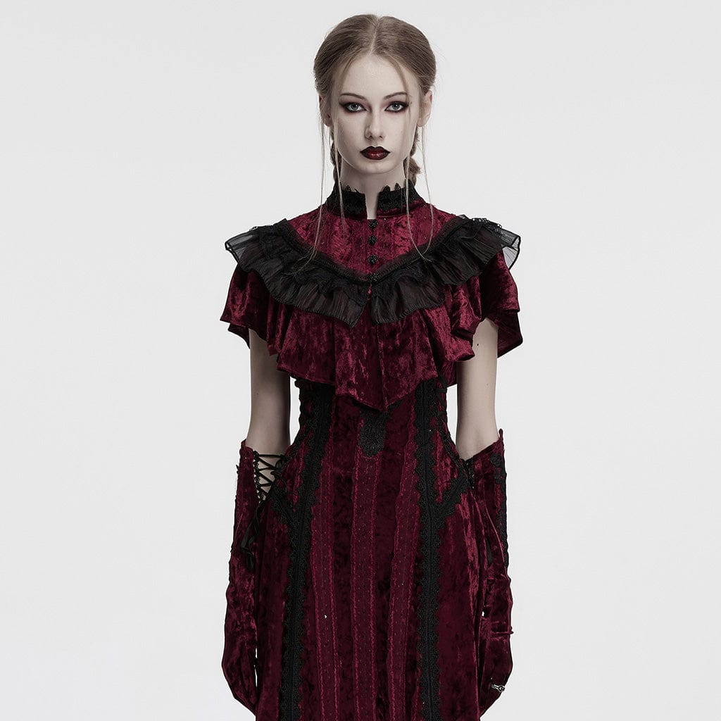 PUNK RAVE Women's Gothic Ruffled Lace Splice Velvet Cape Red