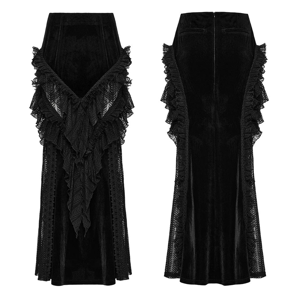 PUNK RAVE Women's Gothic Ruffled Lace Splice Velvet Fishtail Skirt