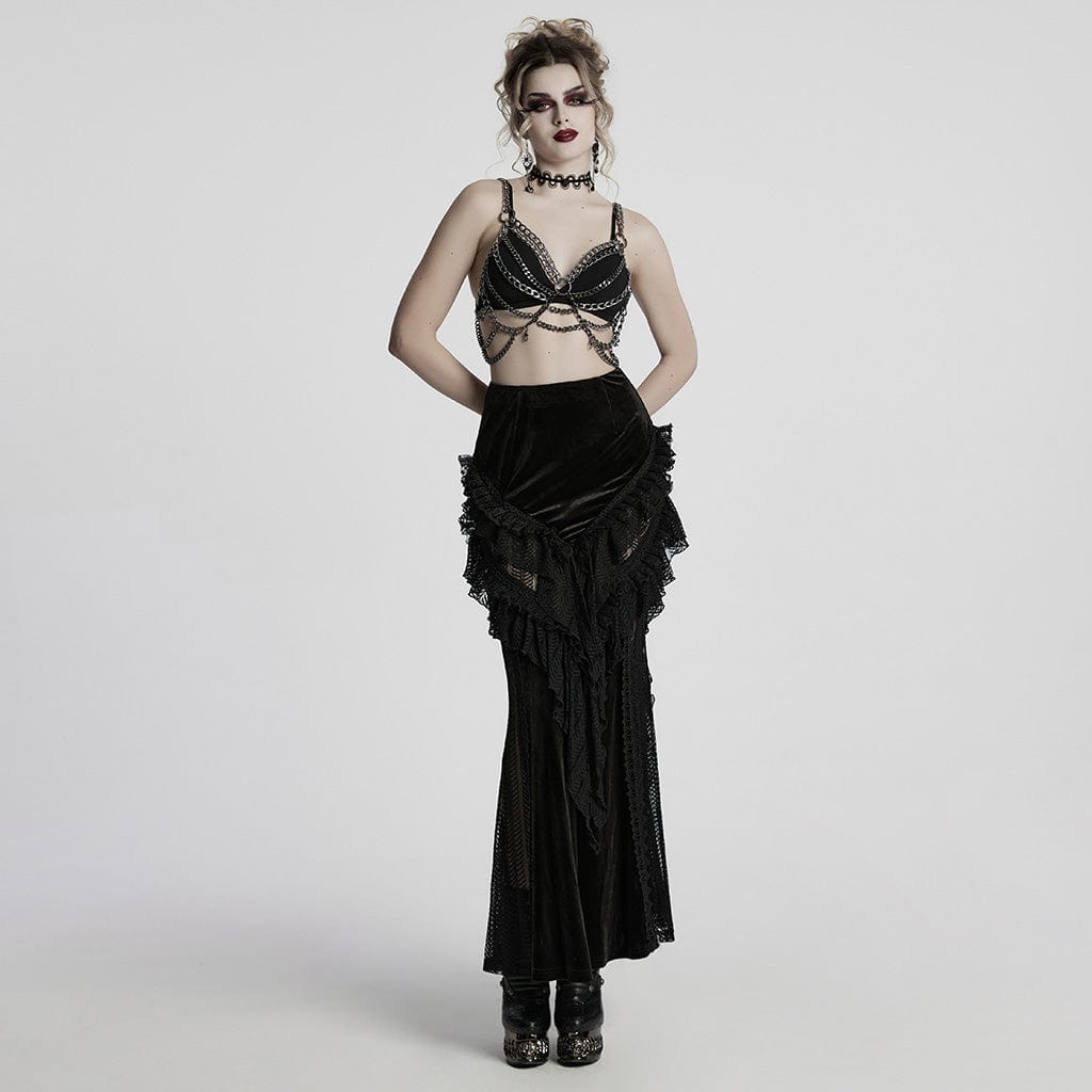 PUNK RAVE Women's Gothic Ruffled Lace Splice Velvet Fishtail Skirt