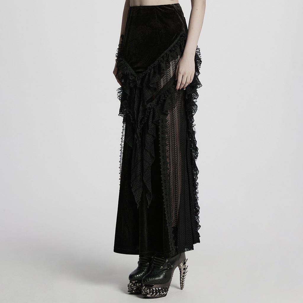 PUNK RAVE Women's Gothic Ruffled Lace Splice Velvet Fishtail Skirt