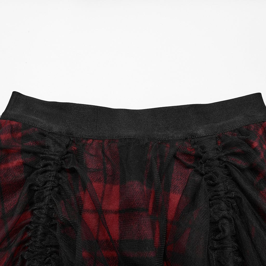PUNK RAVE Women's Gothic Ruffled Mesh Splice Plaid High/low Skirt