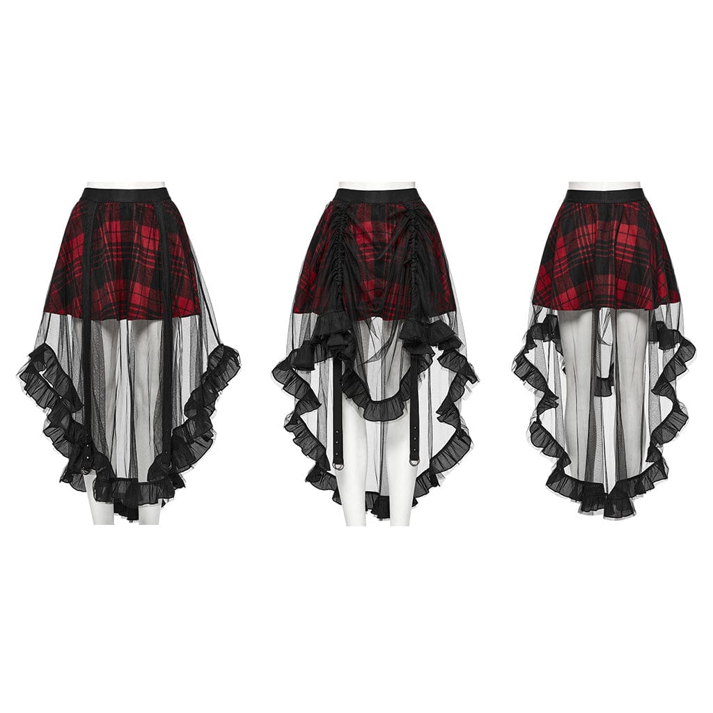 PUNK RAVE Women's Gothic Ruffled Mesh Splice Plaid High/low Skirt