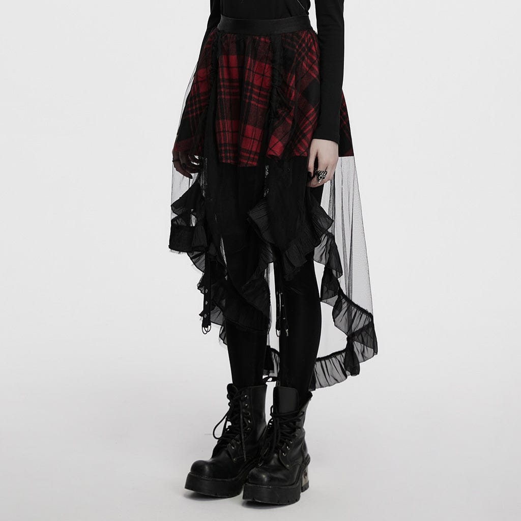 PUNK RAVE Women's Gothic Ruffled Mesh Splice Plaid High/low Skirt