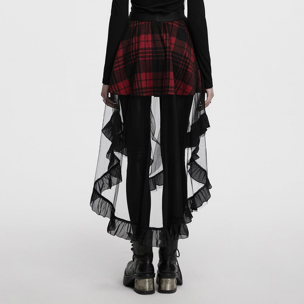PUNK RAVE Women's Gothic Ruffled Mesh Splice Plaid High/low Skirt