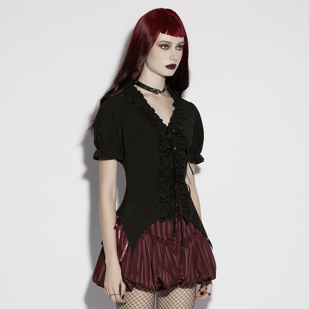 PUNK RAVE Women's Gothic Ruffled Plunging Puff Short Sleeved Shirt