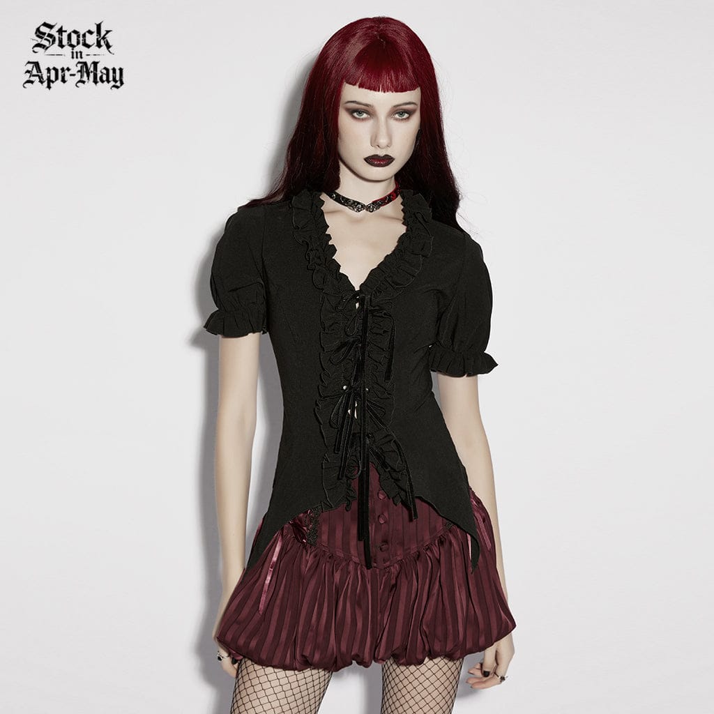 PUNK RAVE Women's Gothic Ruffled Plunging Puff Short Sleeved Shirt