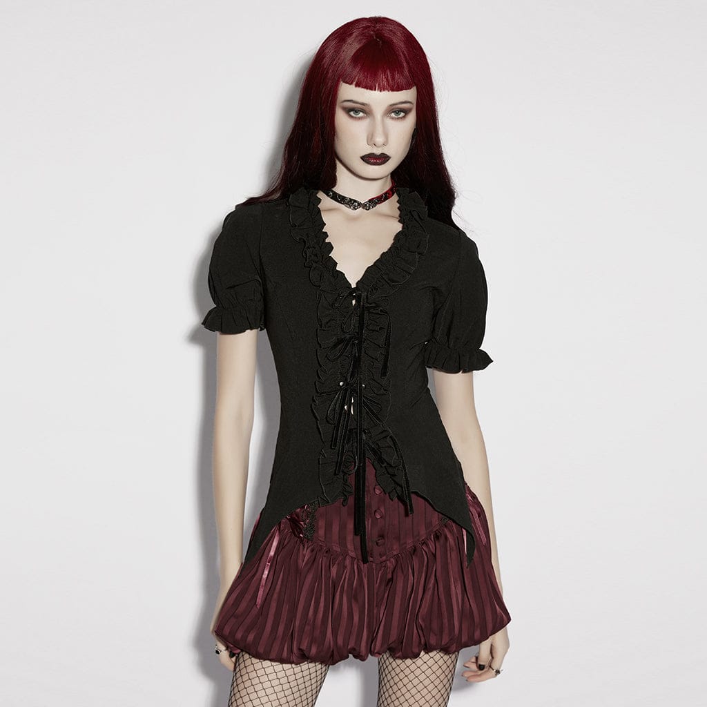 PUNK RAVE Women's Gothic Ruffled Plunging Puff Short Sleeved Shirt