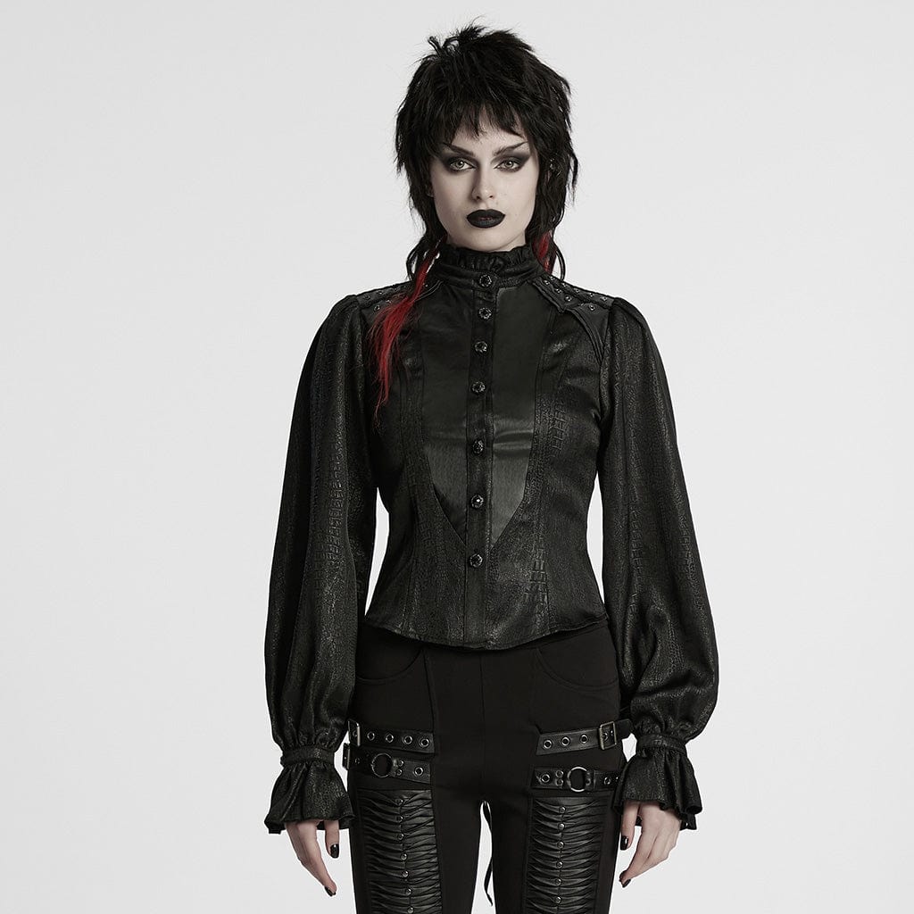 PUNK RAVE Women's Gothic Ruffled Stand Collar Puff Sleeved Shirt