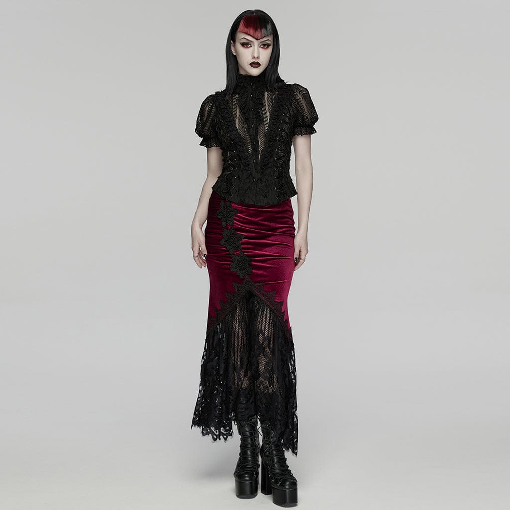 PUNK RAVE Women's Gothic Ruffled Stand Collar Short Sleeved Shirt