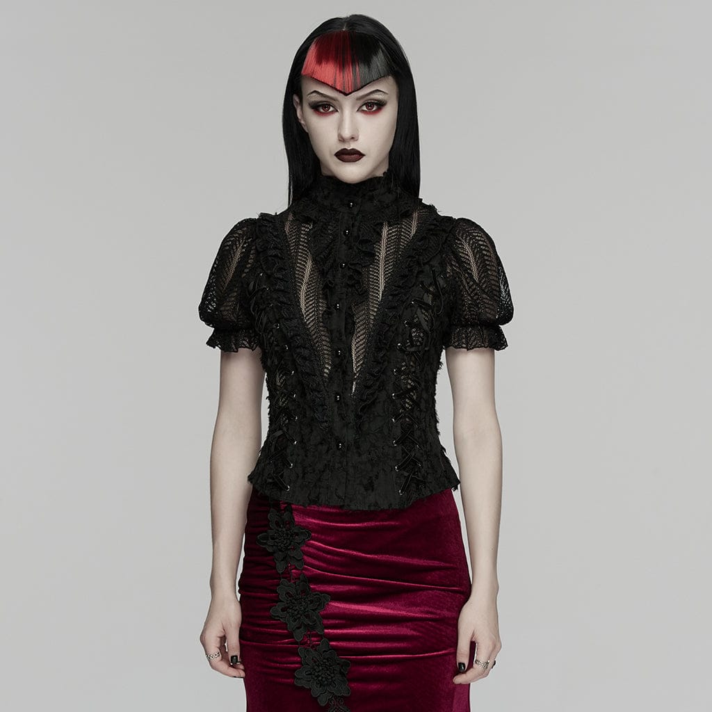 PUNK RAVE Women's Gothic Ruffled Stand Collar Short Sleeved Shirt