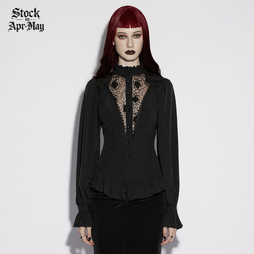PUNK RAVE Women's Gothic Sheer Ruffled Puff Long Sleeved Shirt