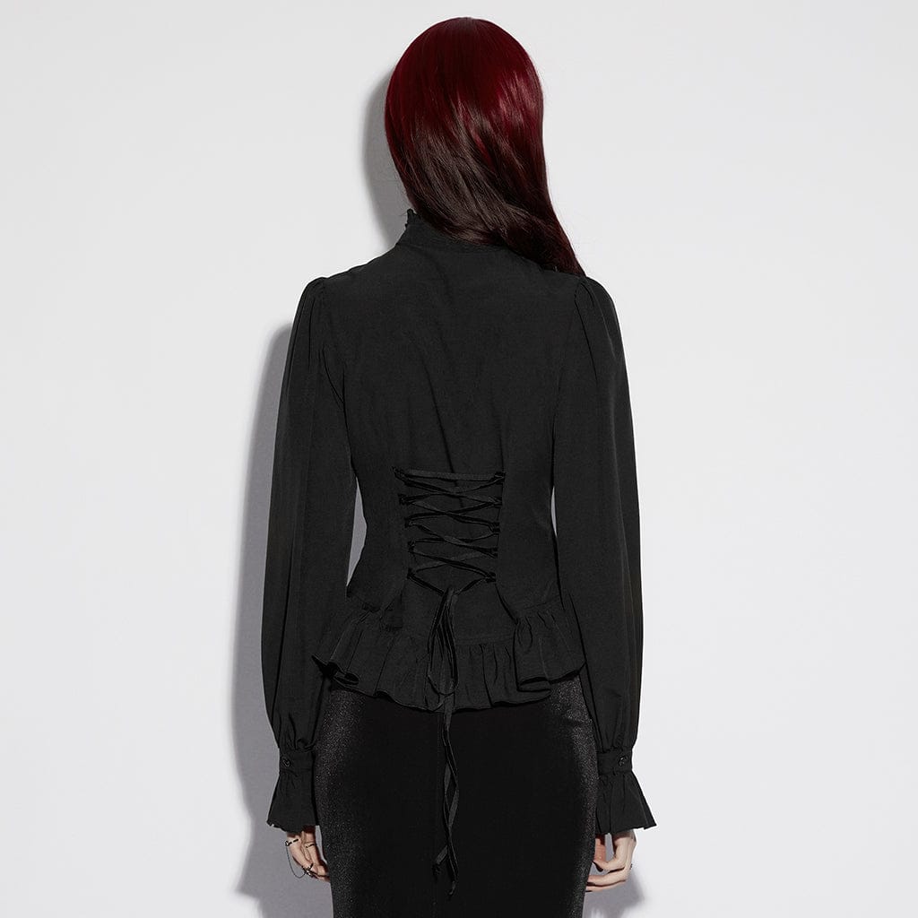 PUNK RAVE Women's Gothic Sheer Ruffled Puff Long Sleeved Shirt