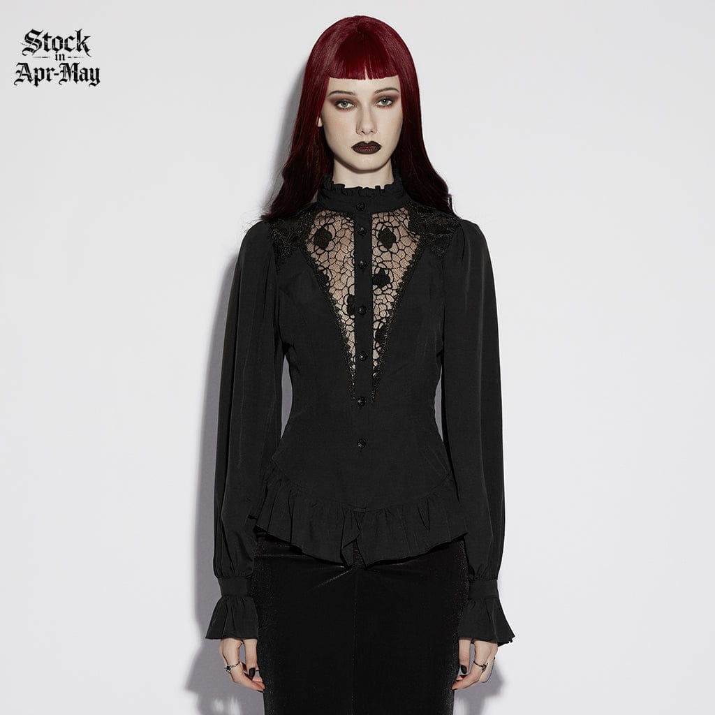PUNK RAVE Women's Gothic Sheer Ruffled Puff Long Sleeved Shirt