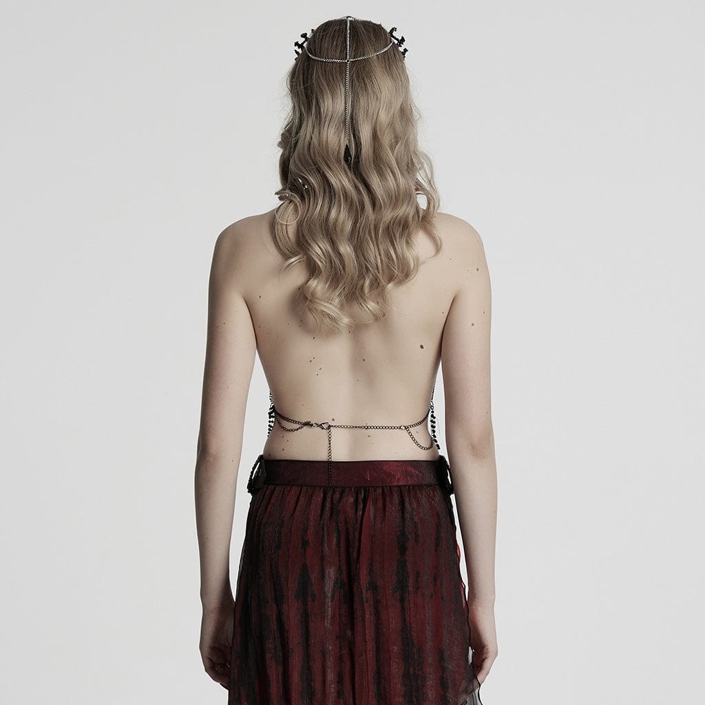 PUNK RAVE Women's Gothic Shell Beaded Chain Halterneck Harness