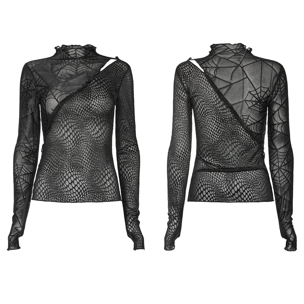 PUNK RAVE Women's Gothic Spider Mesh Splice Cutout Shirt